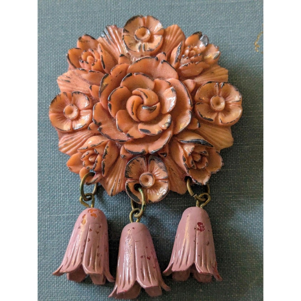 Vintage Japan Floral Dress Clip Peach Molded Plastic Dangling Flowers 1950s